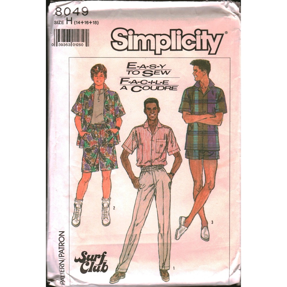 Simplicity 8049 Surf Club Mens Shirt Pants Shorts Sewing Pattern Size 14-18 1987